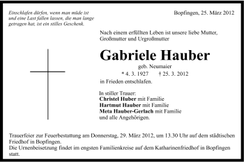 Traueranzeige von Gabriele Hauber von Schwäbische Post