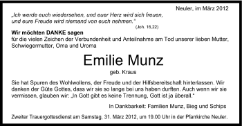 Traueranzeige von Emilie Munz von Schwäbische Post