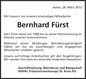 Traueranzeige von Bernhard Fürst von Schwäbische Post