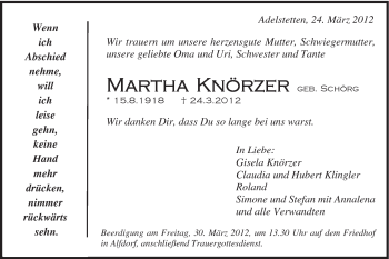 Traueranzeige von Martha Knörzer von Gmünder Tagespost