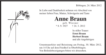 Traueranzeige von Anne Braun von Gmünder Tagespost