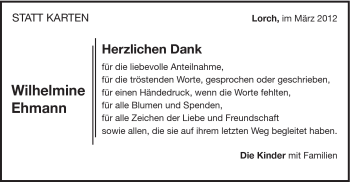 Traueranzeige von Wilhelmine Ehmann von Gmünder Tagespost