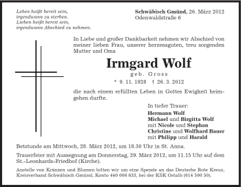 Traueranzeige von Irmgard Wolf von Gmünder Tagespost