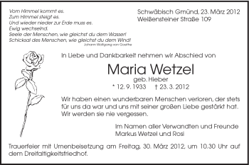 Traueranzeige von Maria Wetzel von Gmünder Tagespost