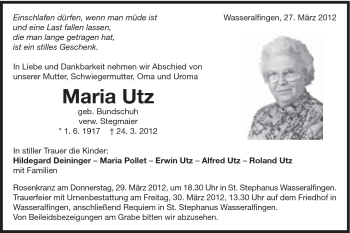 Traueranzeige von Maria Utz von Schwäbische Post