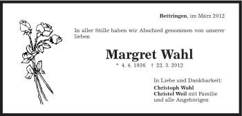 Traueranzeige von Margret Wahl von Gmünder Tagespost