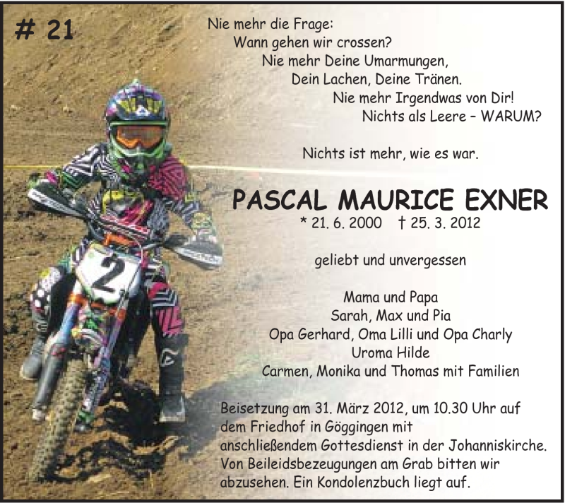  Traueranzeige für Pascal Maurice Exner vom 28.03.2012 aus Gmünder Tagespost