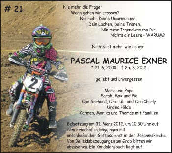 Traueranzeige von Pascal Maurice Exner von Gmünder Tagespost