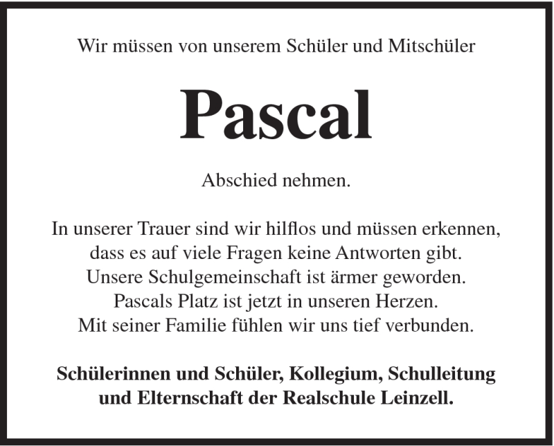  Traueranzeige für Pascal Exner vom 28.03.2012 aus Gmünder Tagespost