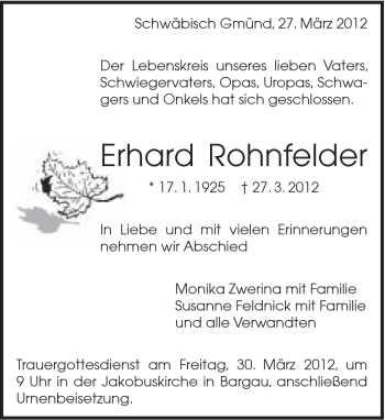 Traueranzeige von Erhard Rohnfelder von Gmünder Tagespost