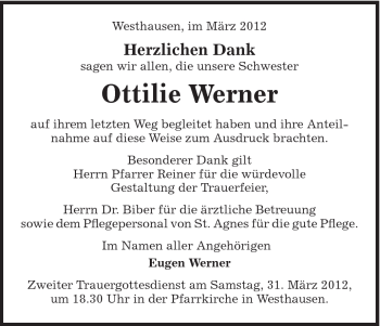 Traueranzeige von Ottilie Werner von Schwäbische Post
