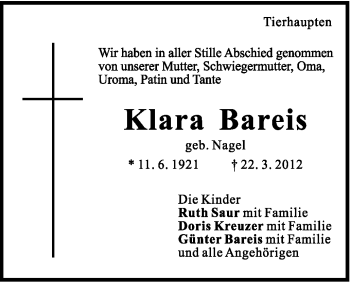 Traueranzeige von Klara Bareis von Gmünder Tagespost