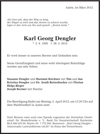 Traueranzeige von Karl Georg Dengler von Schwäbische Post