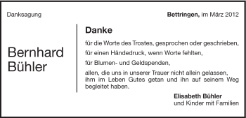 Traueranzeige von Bernhard Bühler von Gmünder Tagespost