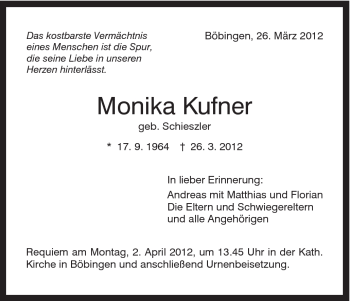 Traueranzeige von Monika Kufner von Gmünder Tagespost