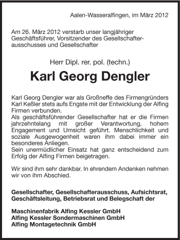 Traueranzeige von Karl Geoerg Dengler von Schwäbische Post