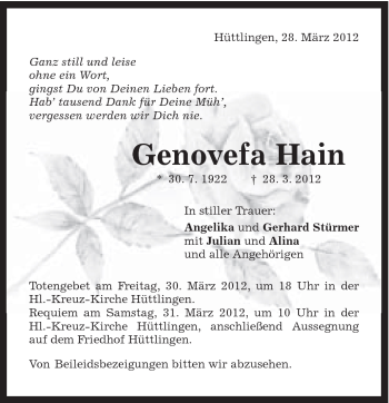 Traueranzeige von Genovefa Hain von Schwäbische Post