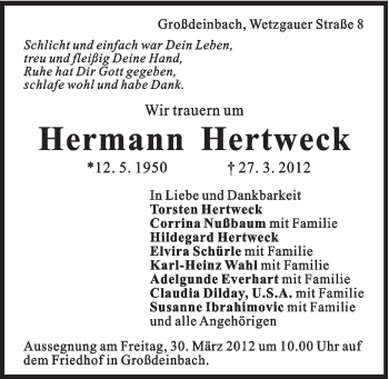 Traueranzeige von Hermann Hertweck von Gmünder Tagespost