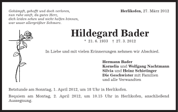 Traueranzeige von Hildegard Bader von Gmünder Tagespost