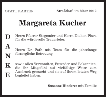 Traueranzeige von Margareta Kucher von Gmünder Tagespost
