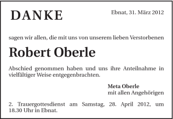 Traueranzeige von Robert Oberle von Schwäbische Post