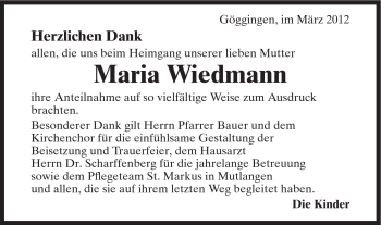 Traueranzeige von Maria Wiedmann von Gmünder Tagespost