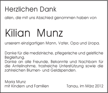 Traueranzeige von Kilian Munz von Gmünder Tagespost