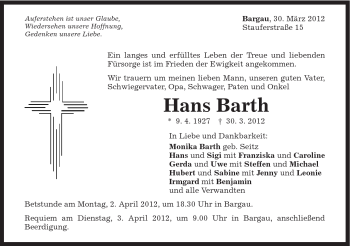 Traueranzeige von Hans Barth von Gmünder Tagespost