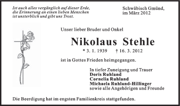 Traueranzeige von Nikolaus Stehle von Gmünder Tagespost