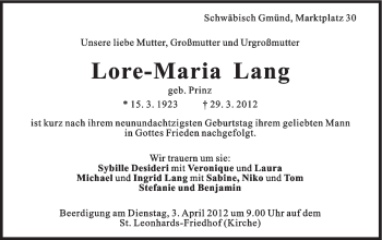 Traueranzeige von Lore-Maria Lang von Gmünder Tagespost
