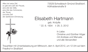 Traueranzeige von Elisabeth Hartmann von Gmünder Tagespost
