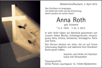 Traueranzeige von Anna Roth von Gmünder Tagespost
