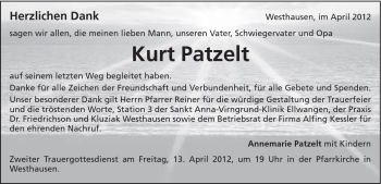 Traueranzeige von Kurt Patzelt von Schwäbische Post
