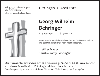 Traueranzeige von Georg-Wilhelm Behringer von 082