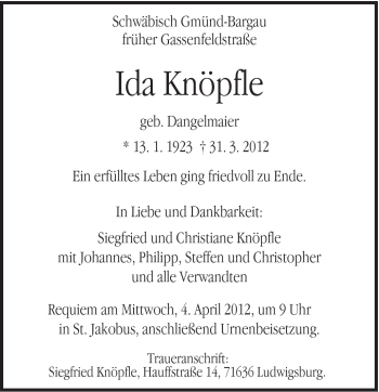 Traueranzeige von Ida Knöpfle von Gmünder Tagespost
