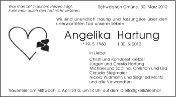 Traueranzeige von Angelika Hartung von Gmünder Tagespost