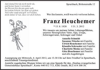 Traueranzeige von Franz Heuchemer von Gmünder Tagespost