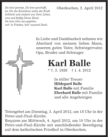 Traueranzeige von Karl Balle von Schwäbische Post