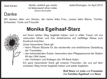 Traueranzeige von Monika Egelhaaf-Starz von Schwäbische Post