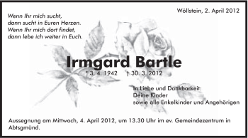 Traueranzeige von Irmgard Bartle von Schwäbische Post