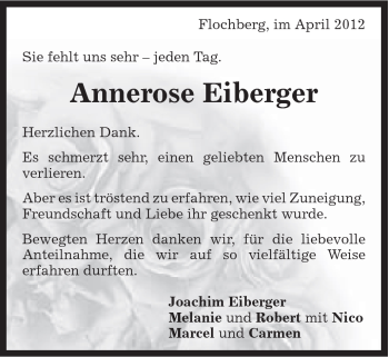Traueranzeige von Eiberger Annerose von Schwäbische Post