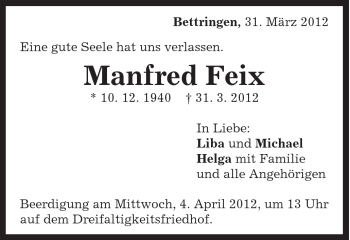 Traueranzeige von Manfred Feix von Gmünder Tagespost