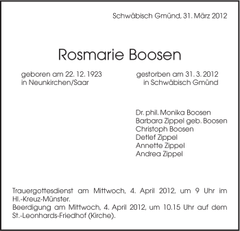 Traueranzeige von Rosmarie Boosen von Gmünder Tagespost