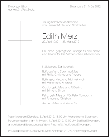 Traueranzeige von Edith Merz von Schwäbische Post