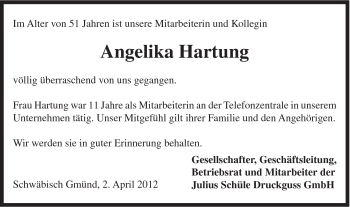 Traueranzeige von Angelika Hartung von Gmünder Tagespost