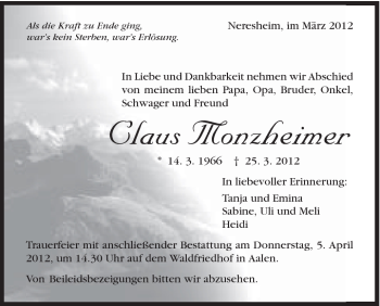 Traueranzeige von Claus Monzheimer von Schwäbische Post