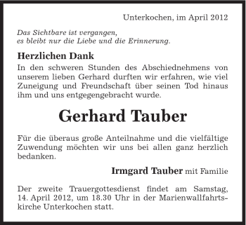 Traueranzeige von Gerhard Tauber von Schwäbische Post