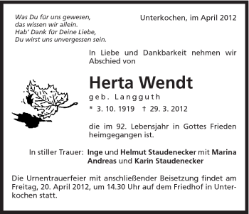 Traueranzeige von Herta Wendt von Schwäbische Post