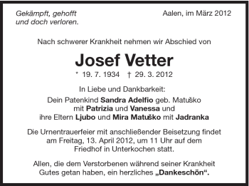 Traueranzeige von Josef Vetter von Schwäbische Post