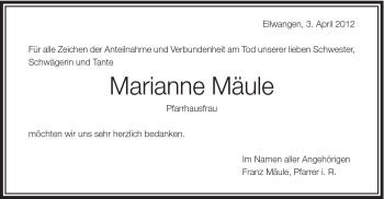 Traueranzeige von Marianne Mäule von Schwäbische Post